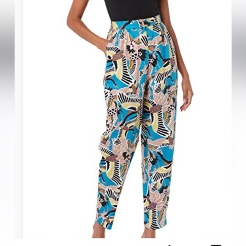 NWT Terea By Andrea Pitter High Waisted Crane Print Pants Enamel Blue size XL